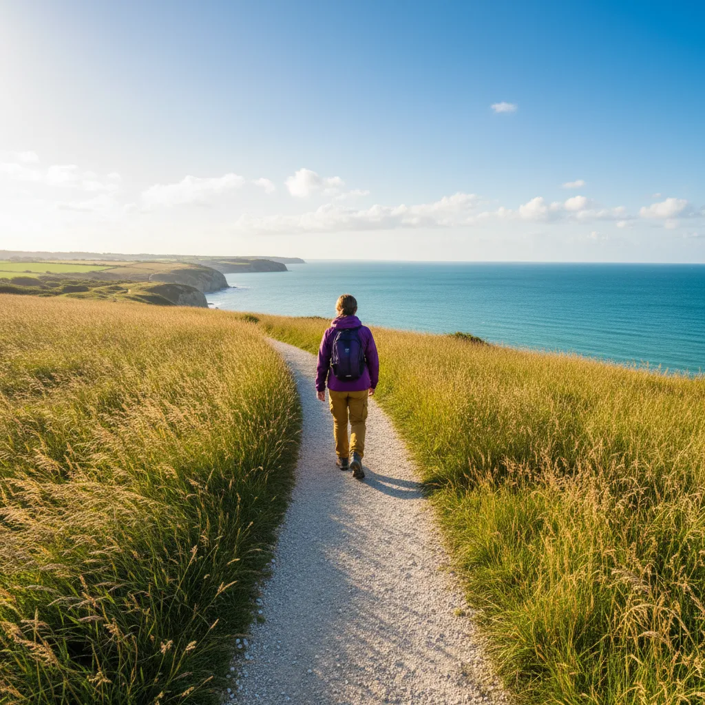 Anonymous person walking on an English coastal path - plant extract supplement for active lifestyle